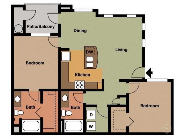 Floor plan for 2 beds, 2 baths, 1053 sqft
